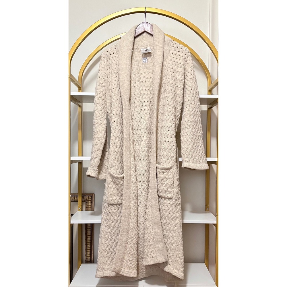 Kashwere Lux Shawl‎ Collar Knit Spa Robe Ivory Taupe Textured Long Belt Pockets